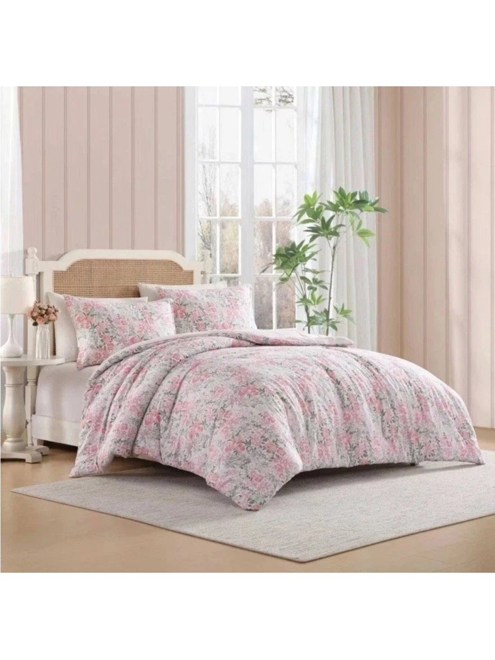 Laura Ashley Twin Heather Garden Pink Floral Reversible Comforter Set